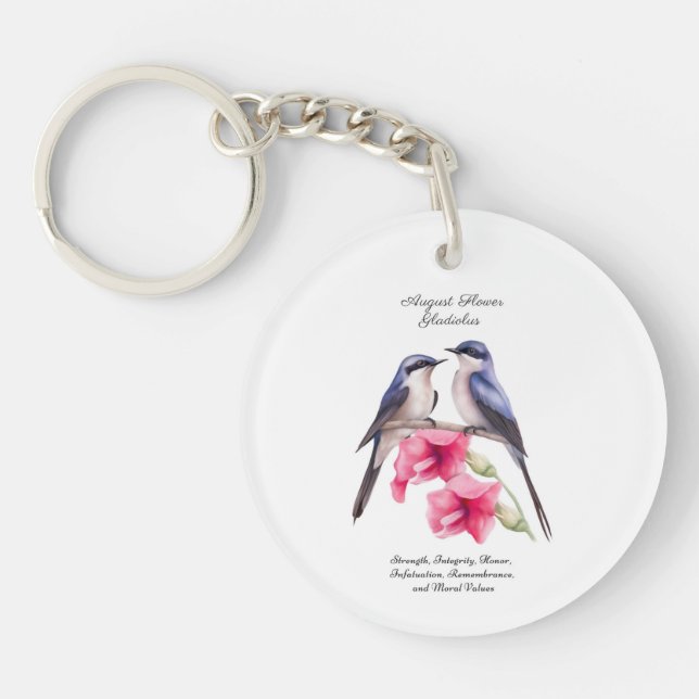  August Birth Month Flower Gladiolus with Birds Key Ring (Front)