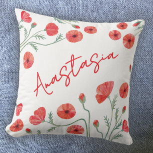 August Birth Month Flower Poppy Personalised Cushion