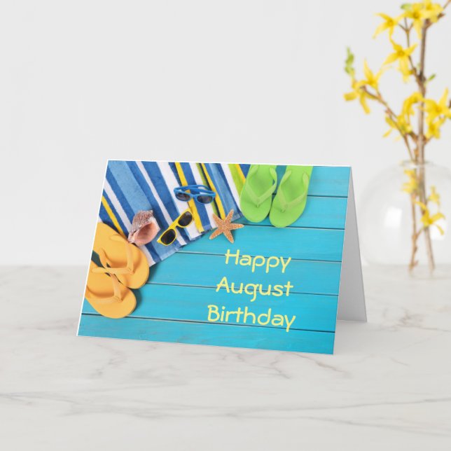**AUGUST BIRTHDAY** AND BEACH DAY WISHES  CARD (Yellow Flower)