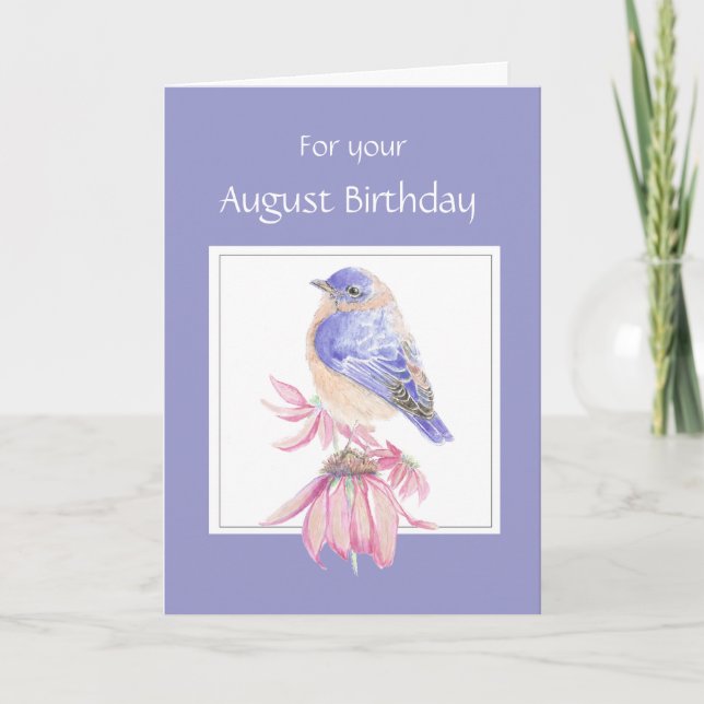 August Birthday, Bluebird & Flower Card (Front)