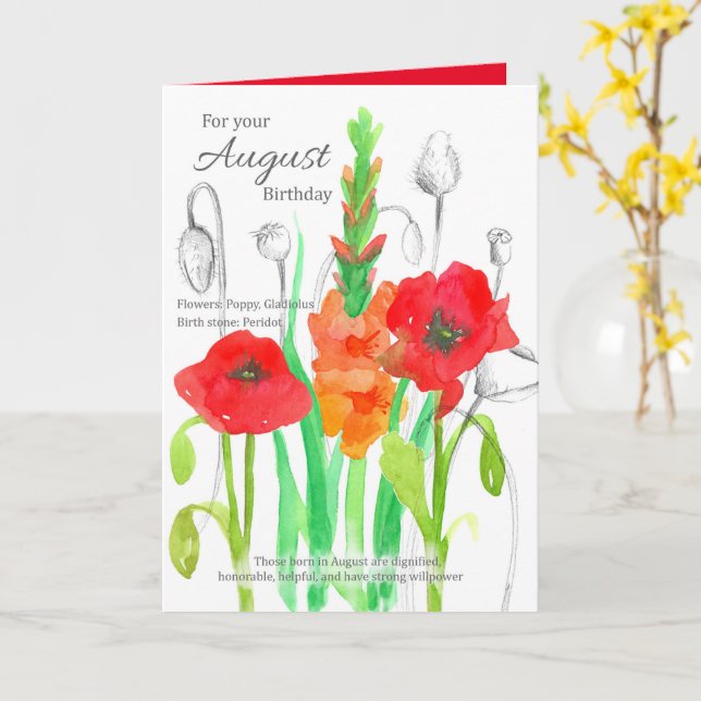 August Birthday Gladiolus Red Poppy Birth Flowers Card (Yellow Flower)
