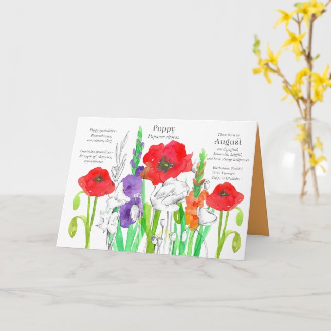 August Birthday Orange Gladiolus Red Poppy Flowers Card (Yellow Flower)