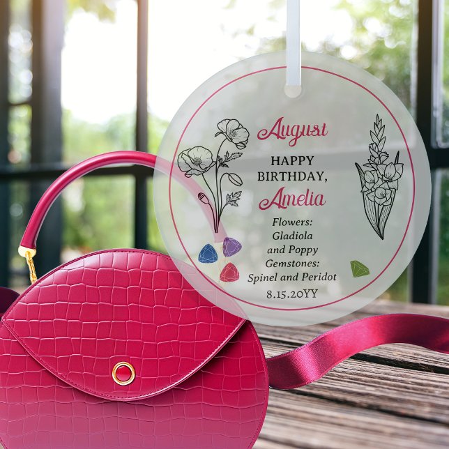 August Gladiola and Poppy Birthday Keepsake Glass Tree Decoration (August Gladiola and Poppy Floral  Birthday | Spinel and Peridot Gemstones Keepsake Glass Ornament)