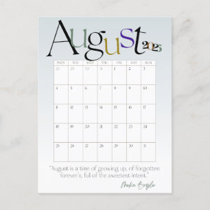 August Gray Modern Monthly Calendar 2025 Postcard