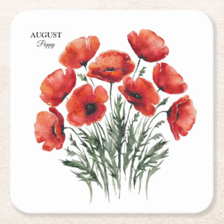 August Poppy Bloom - Personalized Birthday Gift Square Paper Coaster