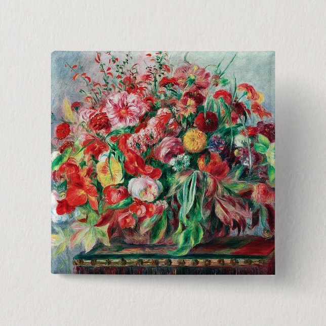 Auguste Renoir - Basket Of Flowers, 15 Cm Square Badge (Front)
