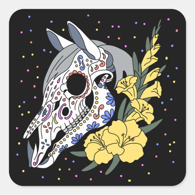 August's Gladiolus & Horse Skull Square Sticker (Front)