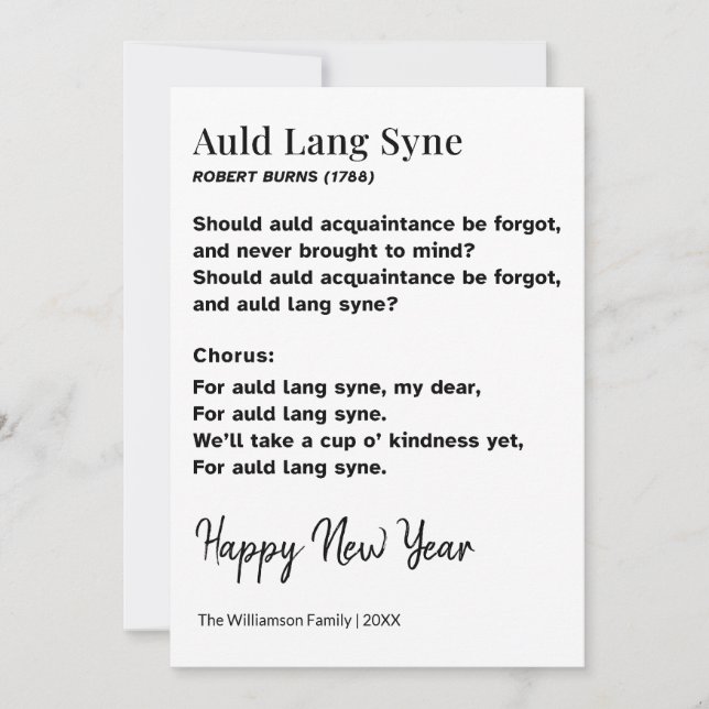 Auld Lang Syne Lyrics New Year Personalized Holiday Card (Front)