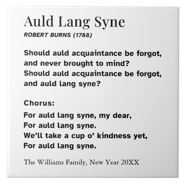 Auld Lang Syne New Year Party Words Personalized Tile (Front)