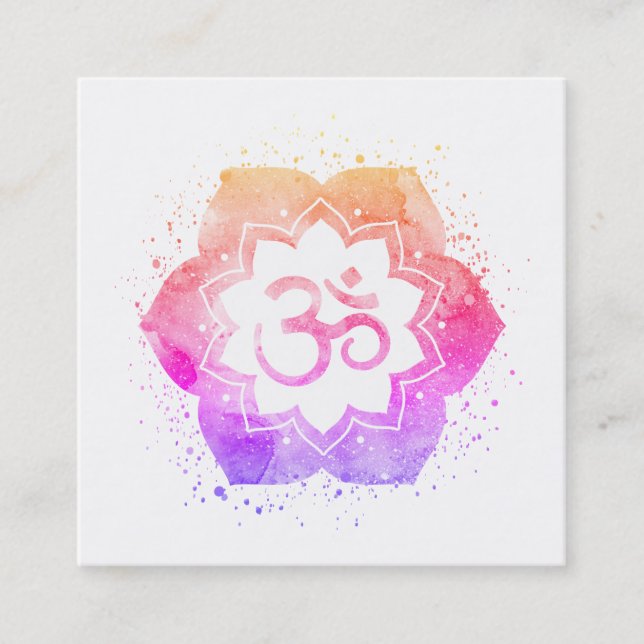 *~* Aum Lotus Flower Mandala Yoga Reiki Teacher Om Square Business Card (Front)
