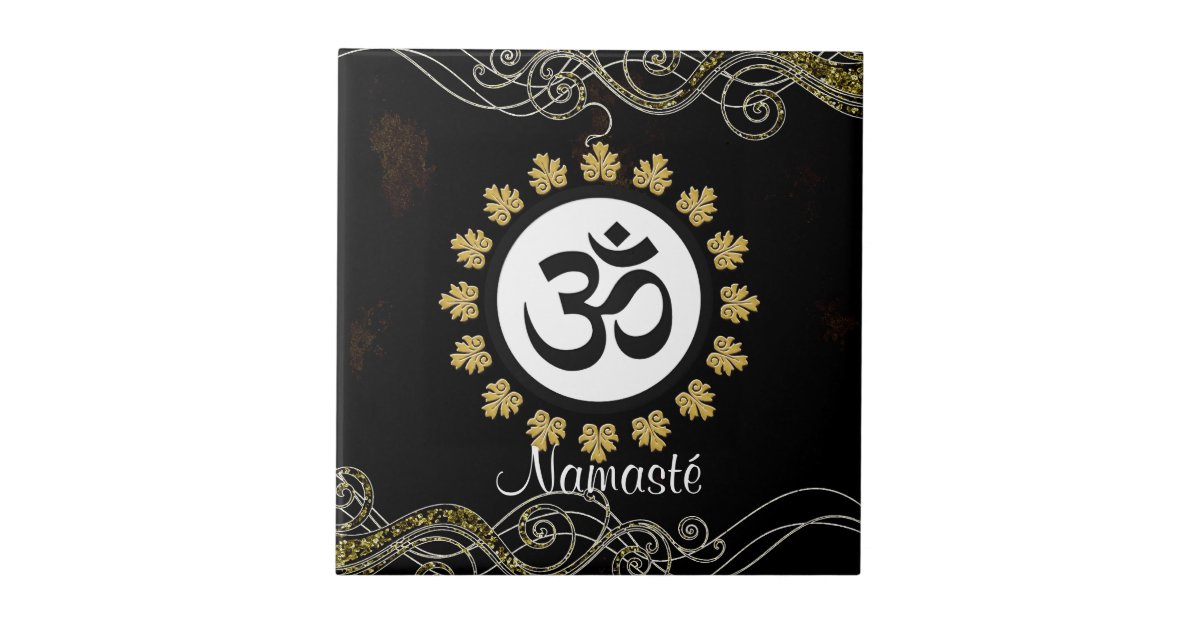 Aum Symbol Mantra Meditation Black And Gold Tile Zazzle Co Uk