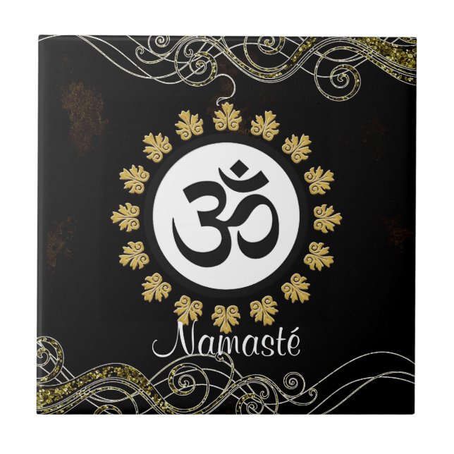 Aum Symbol Mantra Meditation Black and Gold Tile (Front)