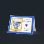 Aunt and Uncle Chanukah Contemporary Menorah Card<br><div class="desc">Happy Chanukah Aunt and Uncle,  contemporary menorah with blue candles,  paper greeting card. Digital illustration with a lit menorah and a Star of David. Art,  image,  and verse copyright © Shoaff Ballanger Studios,  2024.</div>