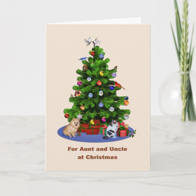 Aunt and Uncle, Merry Christmas Tree, Pets Holiday Card (Front)
