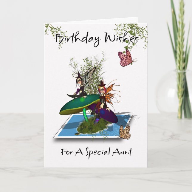 Aunt Birthday Card - Cute Gothic Fairies Springing (Front)