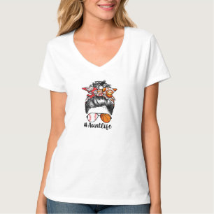 Aunt Life Baseball Basketball Aunt Messy Bun T-Shirt