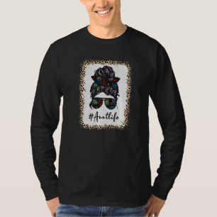 Aunt Life Bleached Auntlife Leopard Messy Bun Moth T-Shirt
