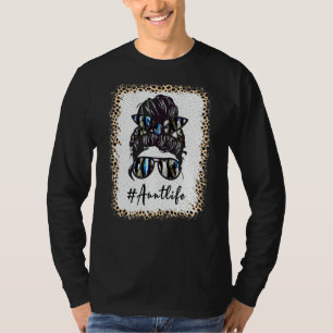 Aunt Life Bleached Auntlife Leopard Messy Bun Moth T-Shirt