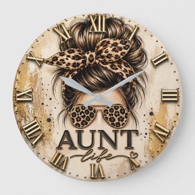 Aunt Life Leopard Print Messy Bun Cheetah Large Clock (Front)