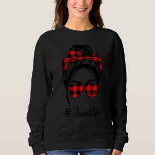 Aunt Life Messy Bun Hair Leopard Red Plaid Mother' Sweatshirt