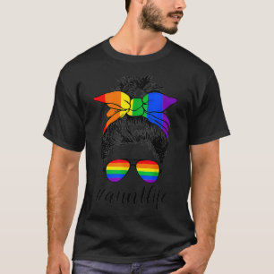 Aunt Life Messy Hair Bun LGBTQ Rainbow Flag LGBT P T-Shirt