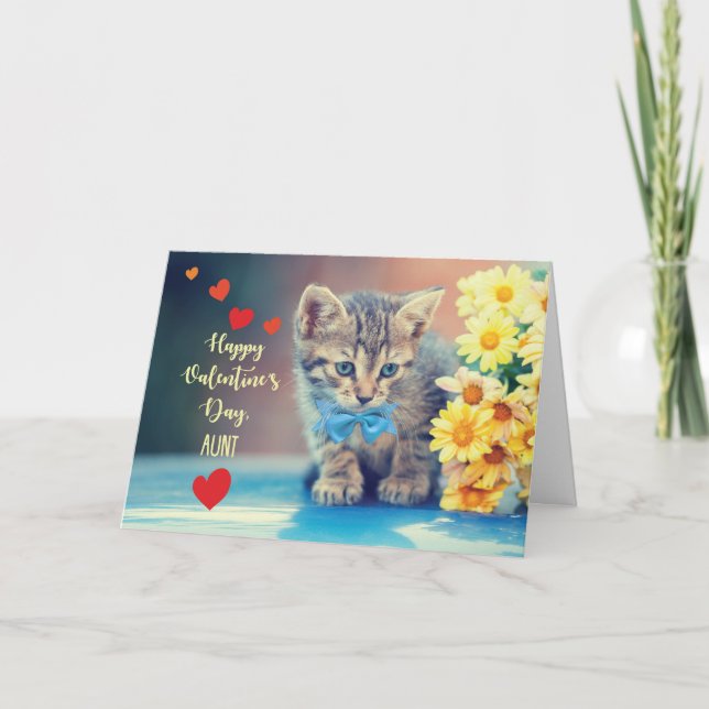 Aunt Love Valentine Kitten with Yellow Daisies Card (Front)