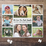 Aunt Love You Photo Collage Jigsaw Puzzle<br><div class="desc">A fun photo collage jigsaw puzzle for the world's greatest aunt. You can personalise with eight family photos of nieces, nephews, etc., customise the expression to "I Love You" or "We Love You, " and whether she is called "Aunt, " "Auntie, " "Tia, " etc., and add names as a...</div>