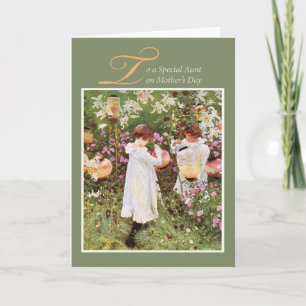 Aunt Mother's Day, Girls in Flower Garden, Vintage Card