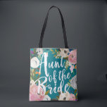 Aunt of the Bride Brushed Floral Wedding Tote Bag<br><div class="desc">Custom colour background and all over printing with painted floral edges. Aunt of the Bride in brush script on one side and name on the back. Customise to change the background colour (turquoise). Black looks amazing too. The gorgeous painted florals are by Create the Cut. Find them on Creative Market...</div>
