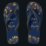Aunt of the Bride Gold Foliage Navy Blue Flip Flops<br><div class="desc">These gorgeous Aunt of the Bride gold foliage navy blue flip flops have a dark blue background that is adorned with an intricate gold floral greenery pattern and customisable modern typography. The combination of the rich navy and the shimmering gold create an elegant and luxurious aesthetic. It's a beautiful gift...</div>