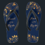 Aunt of the Bride Gold Foliage Navy Blue Flip Flops<br><div class="desc">These gorgeous Aunt of the Bride gold foliage navy blue flip flops have a dark blue background that is adorned with an intricate gold floral greenery pattern and customisable modern typography. The combination of the rich navy and the shimmering gold create an elegant and luxurious aesthetic. It's a beautiful gift...</div>
