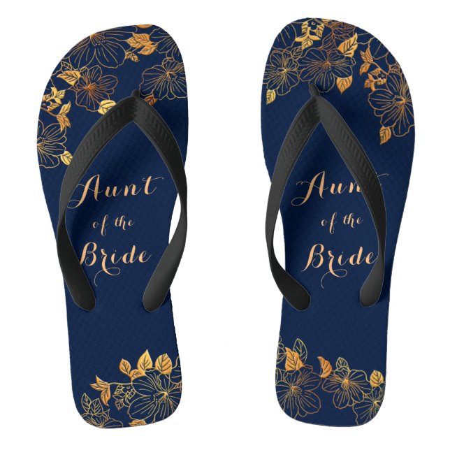 Aunt of the Bride Gold Foliage Navy Blue Flip Flops (Footbed)