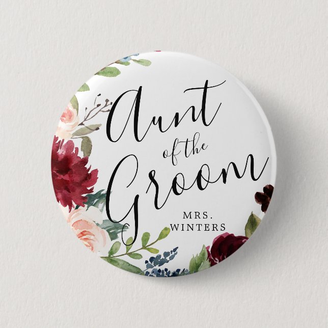 Aunt of the Groom | Burgundy Bouquet Wedding 6 Cm Round Badge (Front)