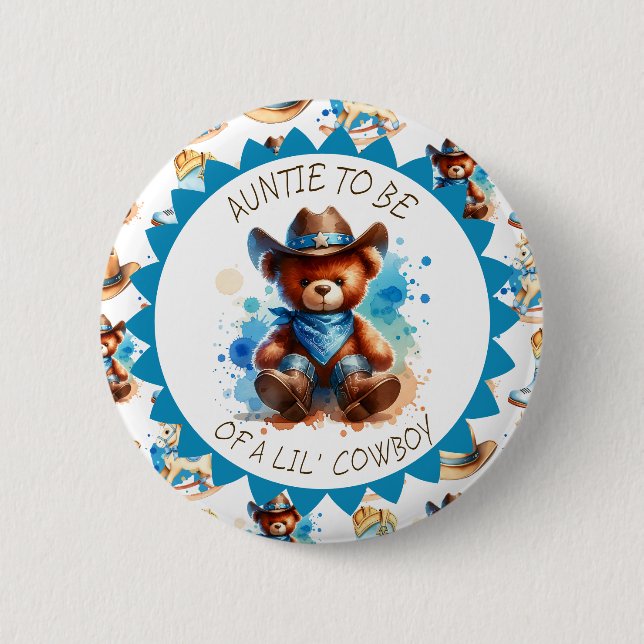 Aunt to be  | Cowboy Teddy Bear Boy's Baby Shower 6 Cm Round Badge (Front)