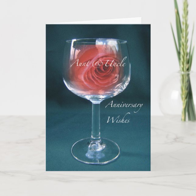 Aunt & Uncle Anniversary Wineglass Rose Congratula Card (Front)