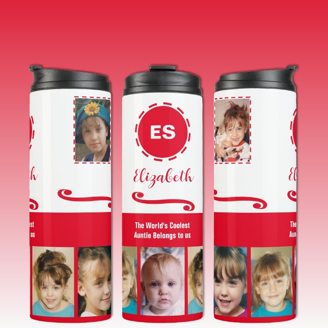 Auntie add a name photo collage white red thermal tumbler (Creator Uploaded)