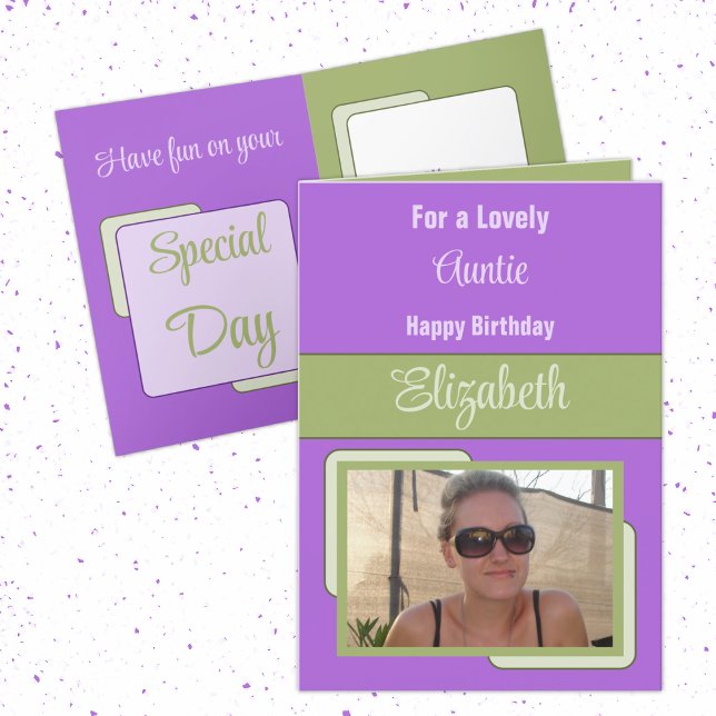 Auntie add name photo purple green birthday card (Creator Uploaded)