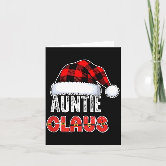 Auntie Claus Buffalo Plaid Red Santa Hat Christmas Card (Front)