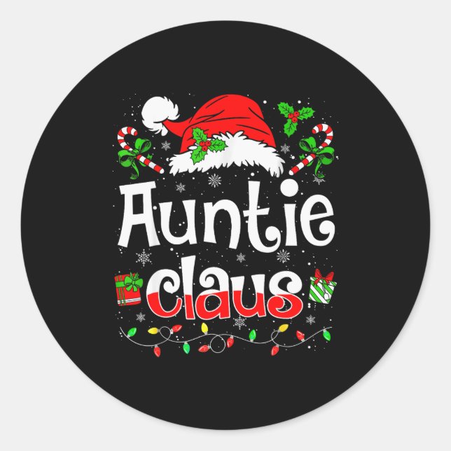 Auntie Claus Shirt Christmas Lights Pajama Family  Classic Round Sticker (Front)