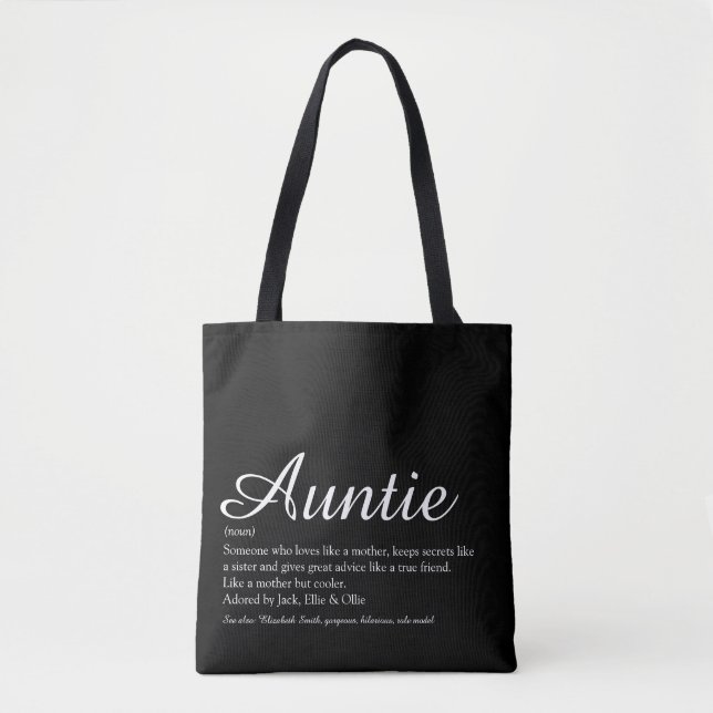 Auntie Definition Quote Script Black and White Tote Bag (Front)