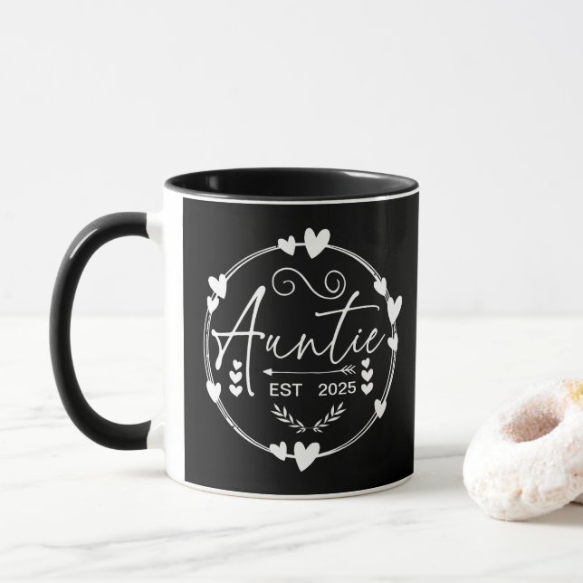 Auntie Est 2025 Baby Announcement Cool Aunt Humour Mug (With Donut)