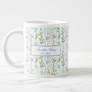 Auntie Established Blue Watercolor Floral Striped Large Coffee Mug
