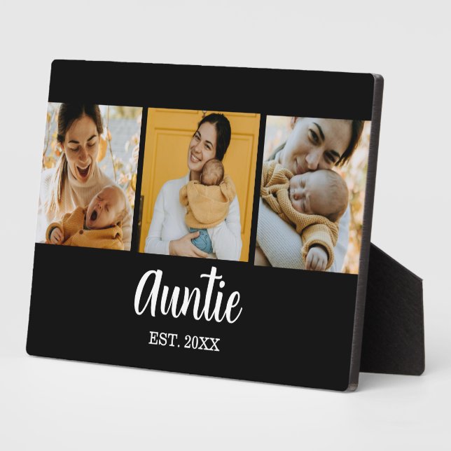 Auntie Established Modern Script Black 3 Photo Plaque (Side)