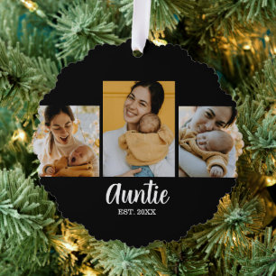 Auntie Established Modern Script Black 3 Photo Tree Decoration Card