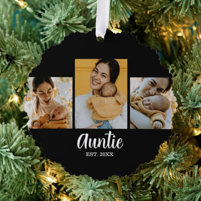 Auntie Established Modern Script Black 3 Photo Tree Decoration Card (Insitu (Tree))