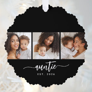 Auntie Established Modern Script Black 3 Photo  Tree Decoration Card
