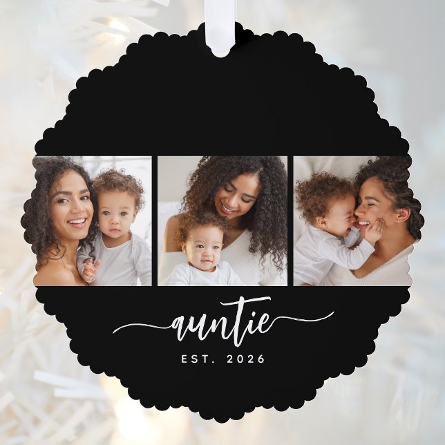 Auntie Established Modern Script Black 3 Photo  Tree Decoration Card (Creator Uploaded)