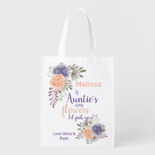 Auntie Floral Peony Pink Flower Quote Reusable Grocery Bag