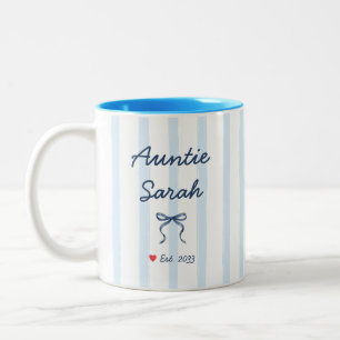 Auntie Personalized Name Blue Stripes Coquette Bow Two-Tone Coffee Mug