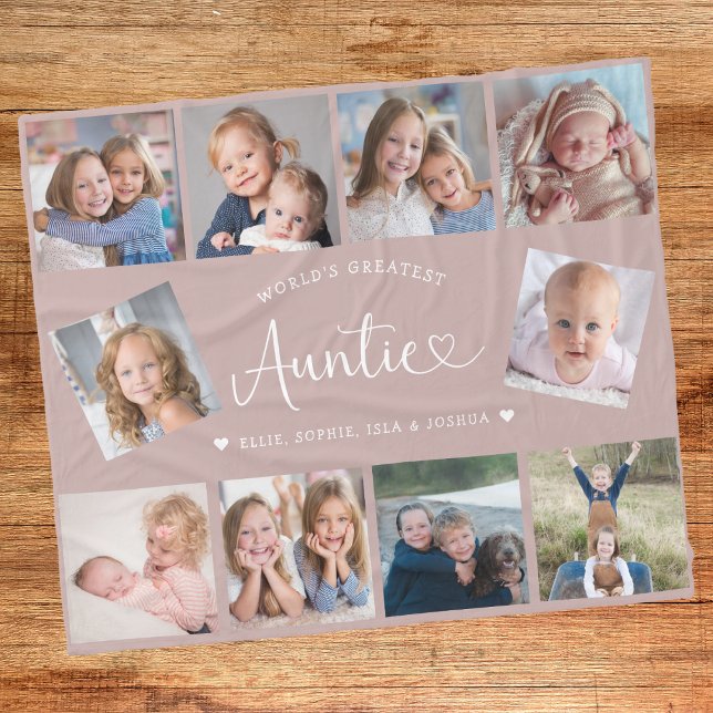 Auntie Photo Collage Script Cute Heart Modern Fleece Blanket (Creator Uploaded)